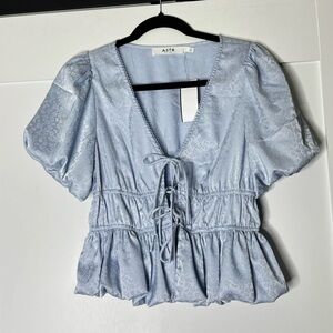 ASTR the Label sky blue Jacquard tie puff sleeve blouse